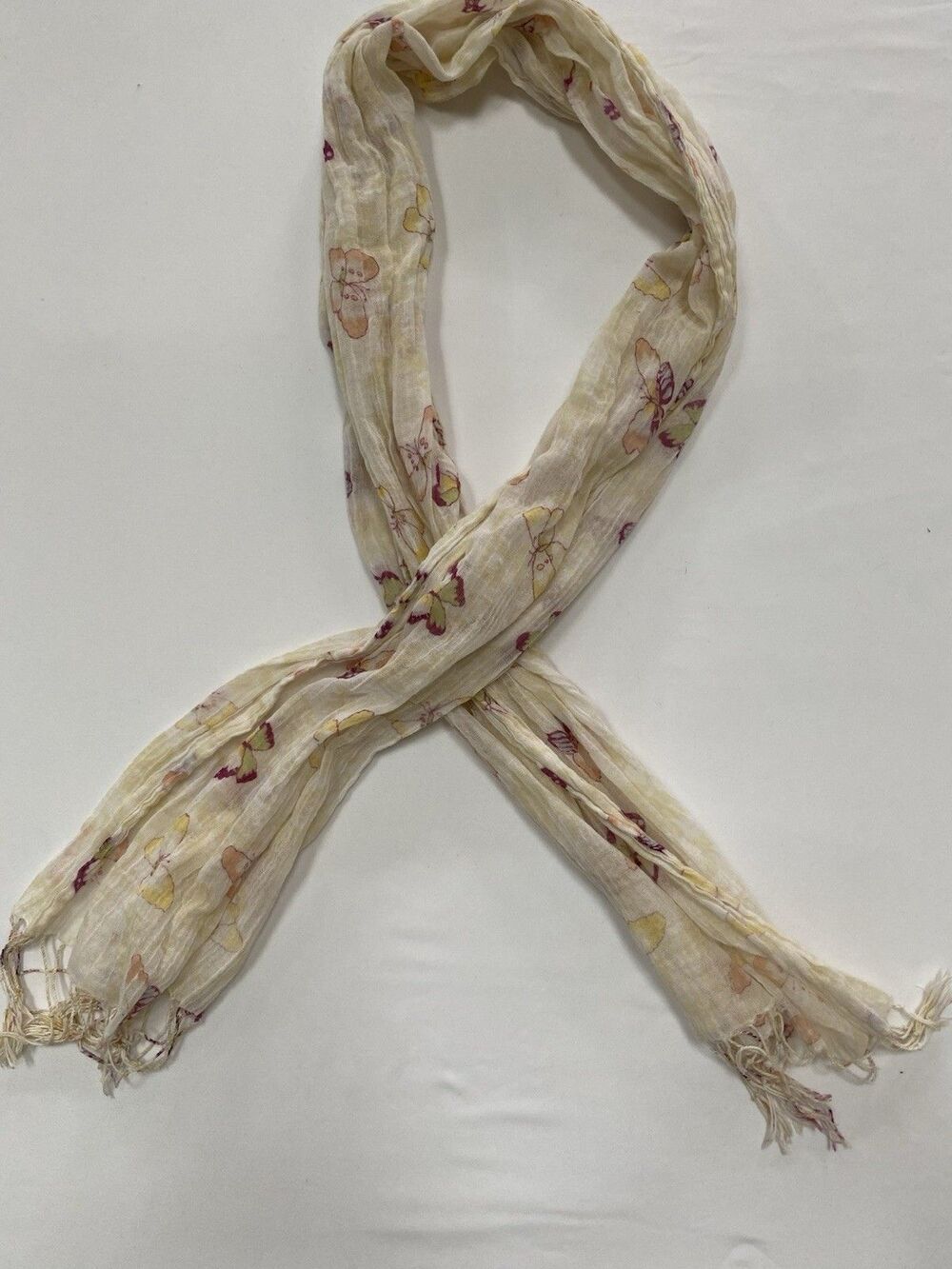 Lightweight Butterfly Print Scarf – Cream with Pastel Accents & Fringed Trim